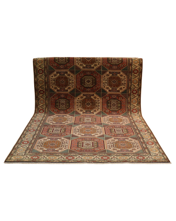 Tappeto turco geometrico 295x292 cm annodato a mano, motivo a ottagoni e rombi, colori rosso mattone, beige e verde, con bordura decorata e certificato di garanzia.