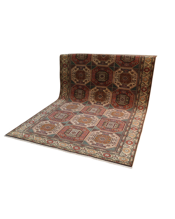 Tappeto turco geometrico 295x292 cm annodato a mano, motivo a ottagoni e rombi, colori rosso mattone, beige e verde, con bordura decorata e certificato di garanzia.