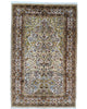 Tappeto indiano 150x96 cm annodato a mano, fondo avorio con motivi floreali dettagliati in marrone, oro e azzurro, design elegante tradizionale