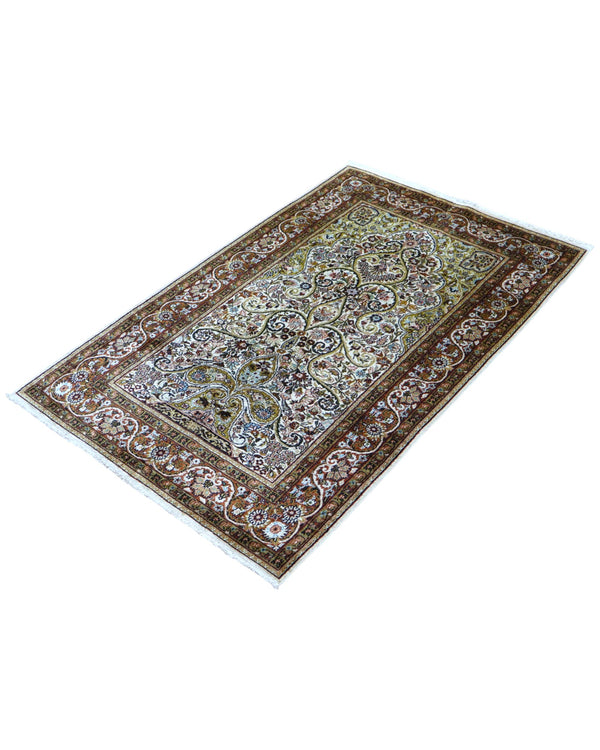 Tappeto indiano 150x96 cm annodato a mano, fondo avorio con motivi floreali dettagliati in marrone, oro e azzurro, design elegante tradizionale