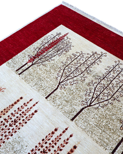 "Tappeto Moderno con alberi stilizzati e cornice rosso rubino, 295x196 cm, annodato a mano."