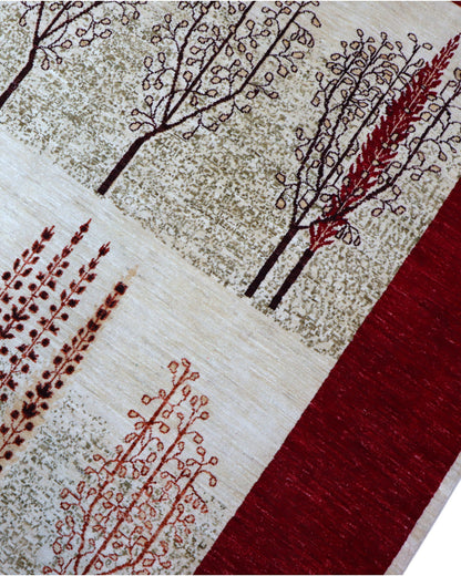 "Tappeto Moderno con alberi stilizzati e cornice rosso rubino, 295x196 cm, annodato a mano."