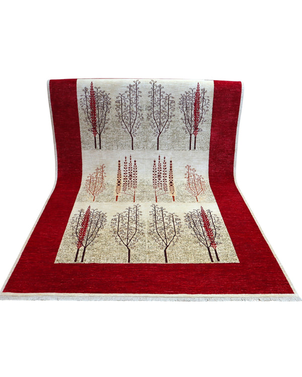 "Tappeto Moderno con alberi stilizzati e cornice rosso rubino, 295x196 cm, annodato a mano."