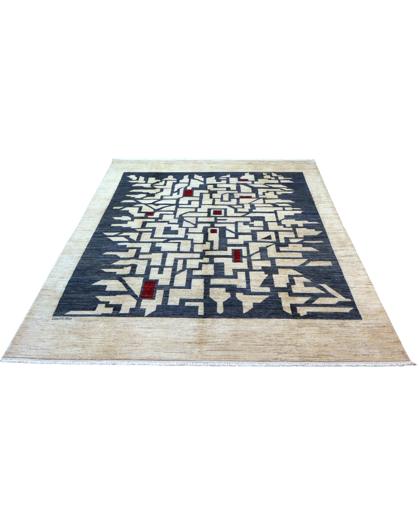 "Tappeto moderno beige con pannello geometrico grigio e accenti rossi, annodato a mano, 293x201 cm."