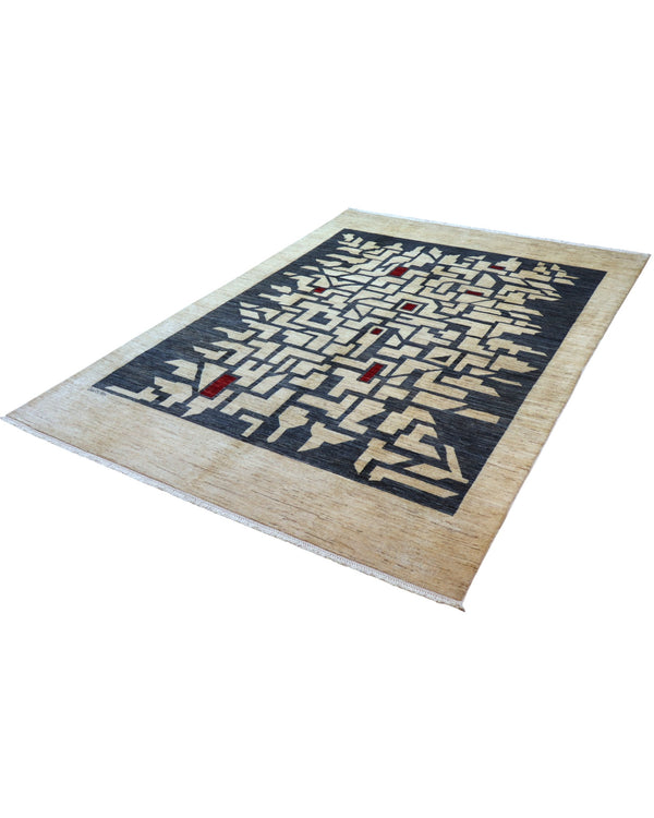 "Tappeto moderno beige con pannello geometrico grigio e accenti rossi, annodato a mano, 293x201 cm."