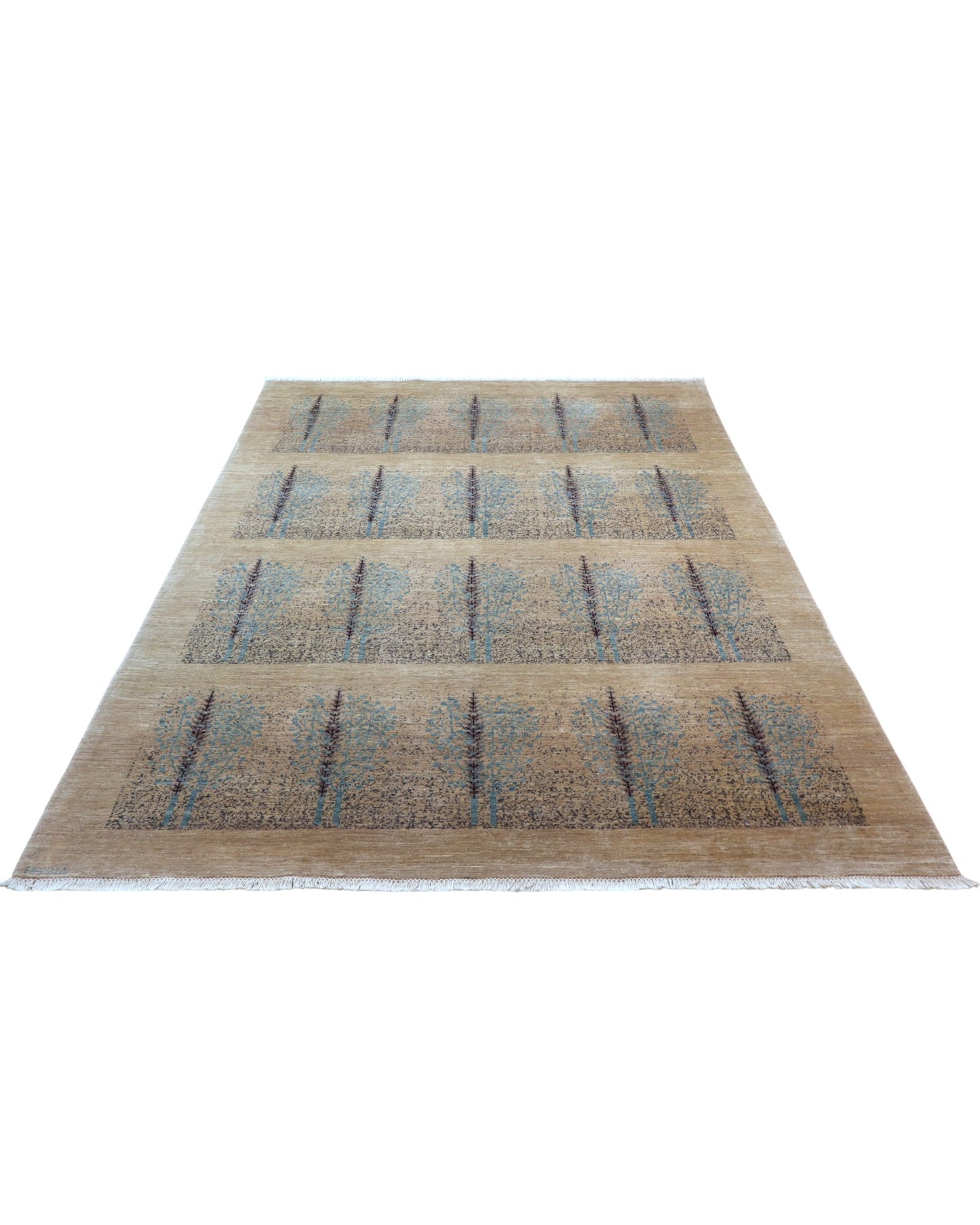 "Tappeto Moderno beige con alberi stilizzati in pattern ripetuto, 292x207 cm."