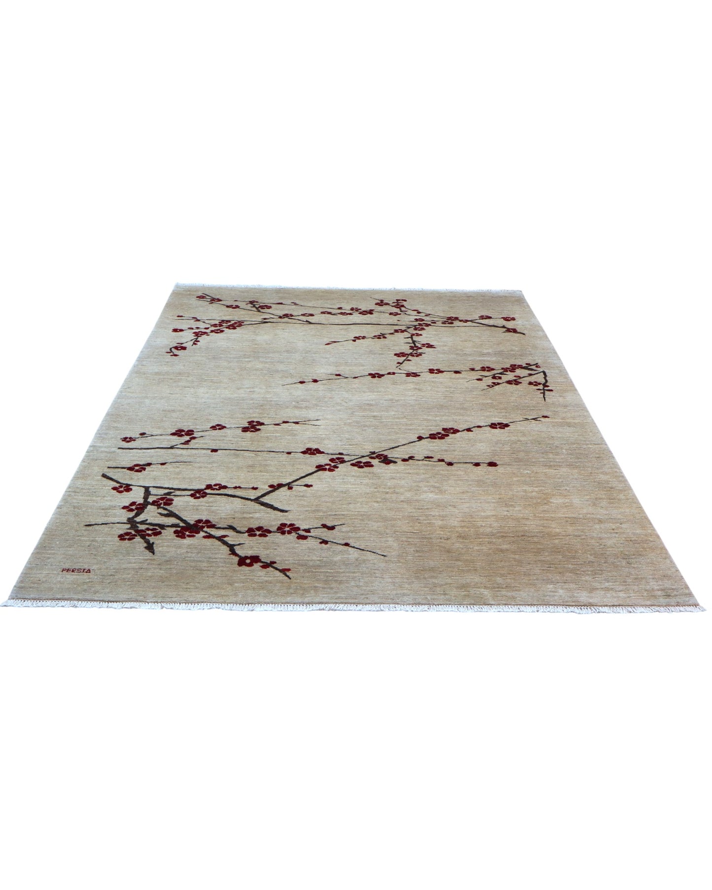 "Tappeto moderno beige con rami stilizzati e fiori rosso scuro, annodato a mano, 304x204 cm."