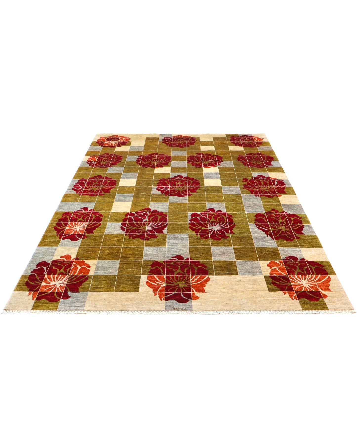 "Tappeto Moderno con design geometrico e fiori bordeaux, 295x206 cm, annodato a mano."