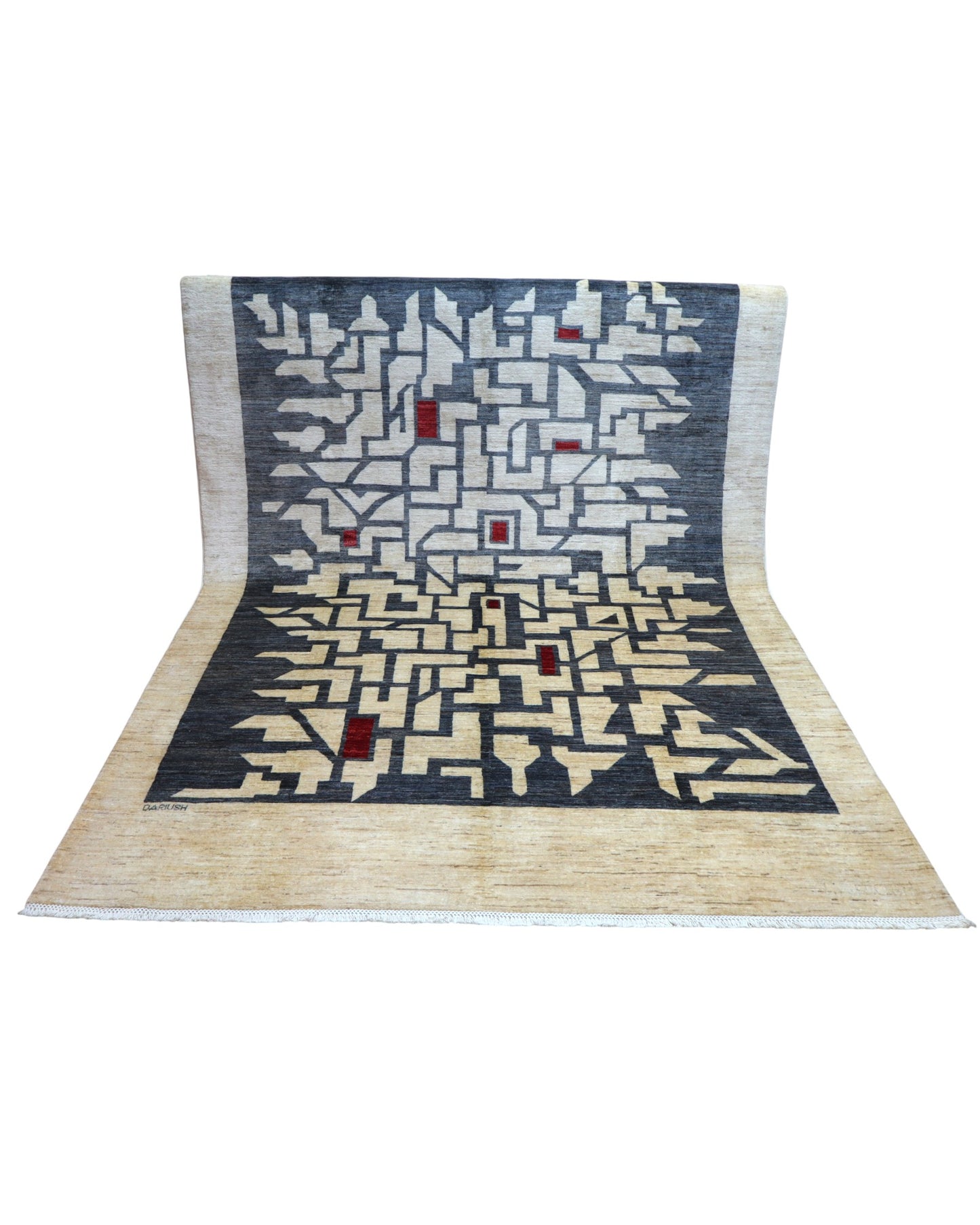 "Tappeto moderno beige con pannello geometrico grigio e accenti rossi, annodato a mano, 293x201 cm."