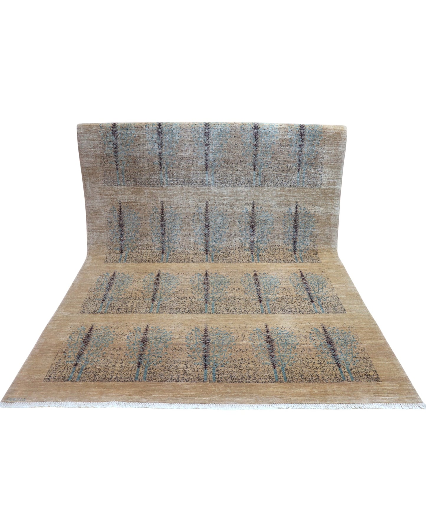 "Tappeto Moderno beige con alberi stilizzati in pattern ripetuto, 292x207 cm."