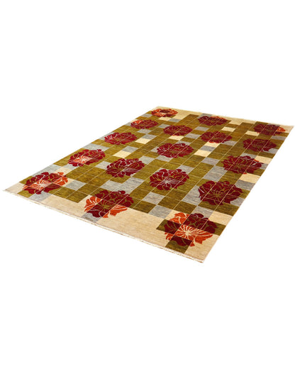 "Tappeto Moderno con design geometrico e fiori bordeaux, 295x206 cm, annodato a mano."