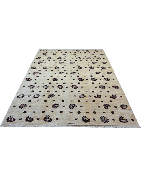 "Tappeto Moderno beige con piccoli motivi floreali marrone scuro, 286x195 cm."