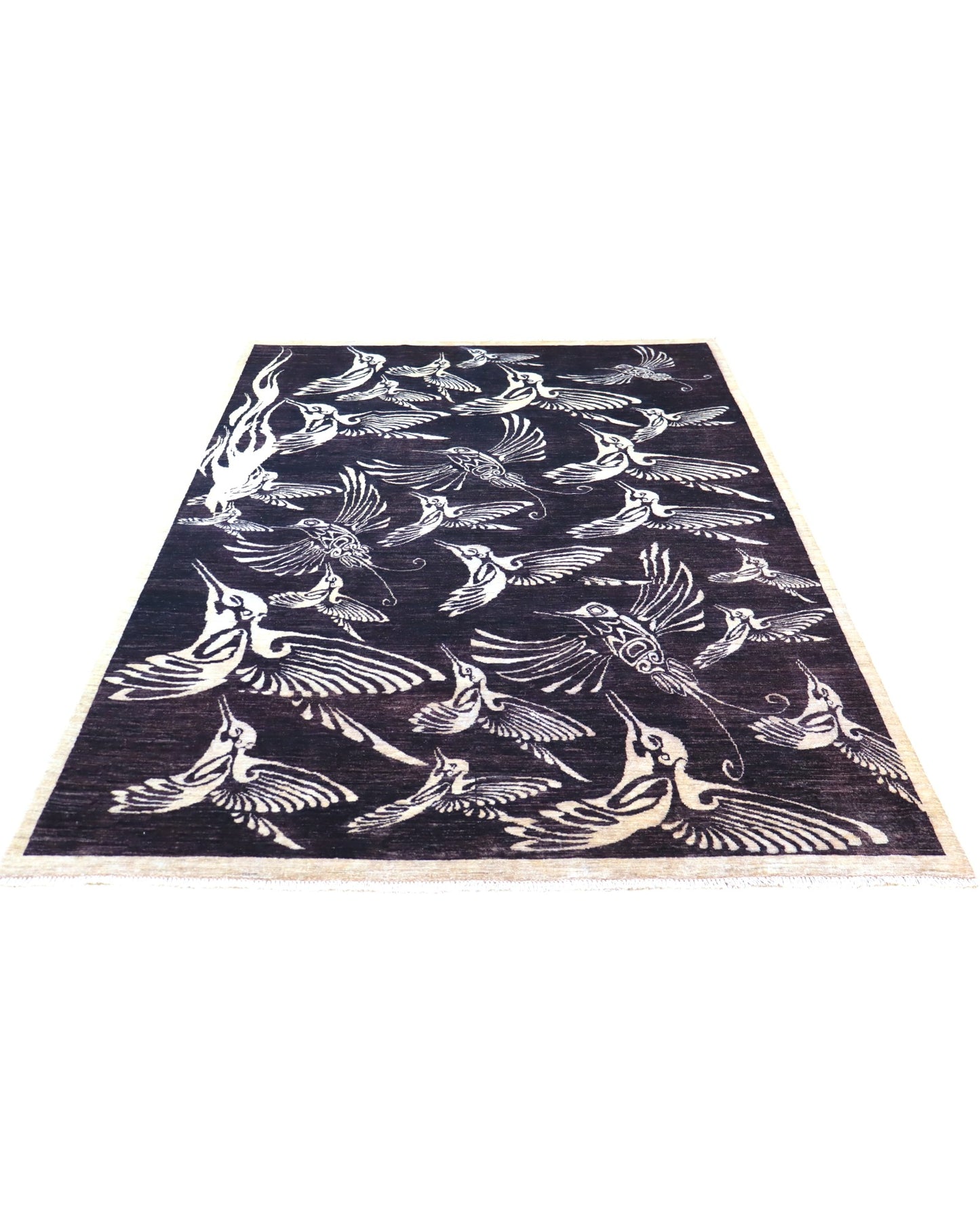 "Tappeto Moderno nero con uccelli stilizzati avorio, 281x200 cm."