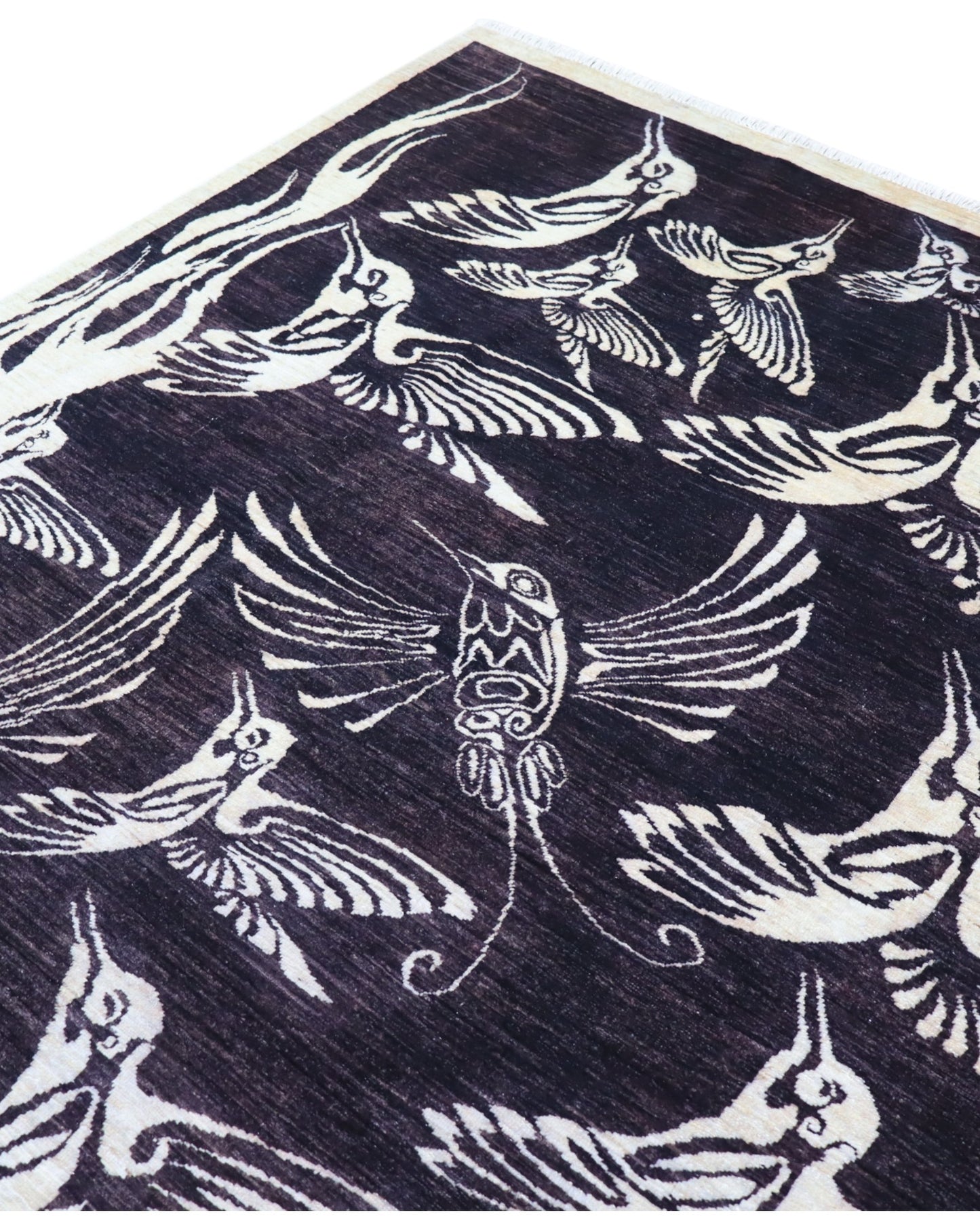 "Tappeto Moderno nero con uccelli stilizzati avorio, 281x200 cm."