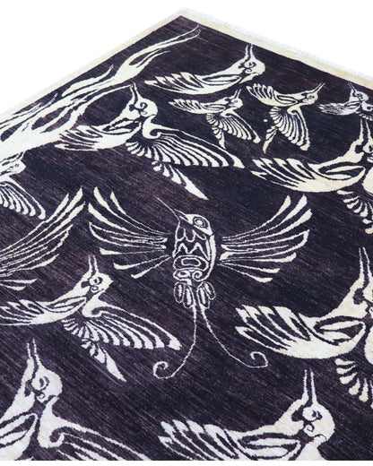 "Tappeto Moderno nero con uccelli stilizzati avorio, 281x200 cm."