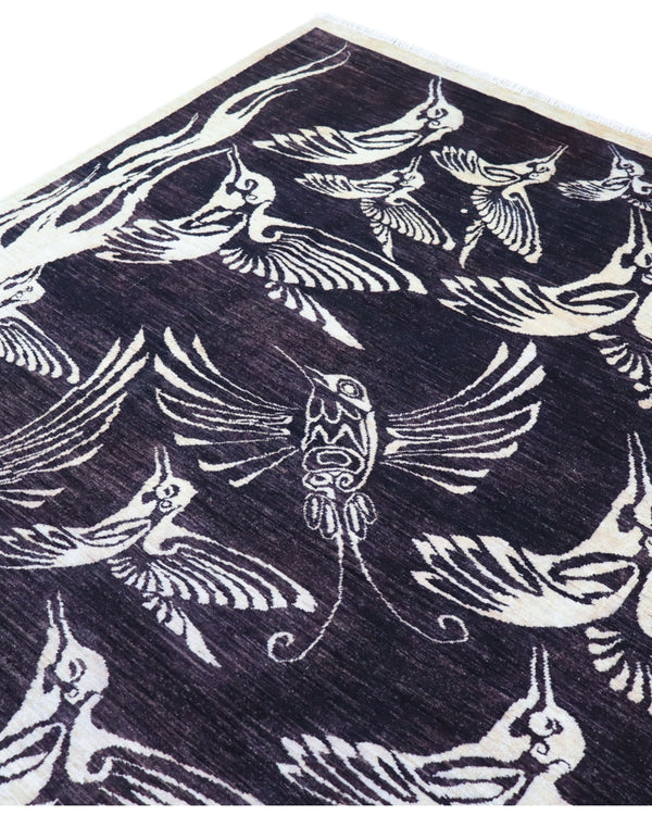 "Tappeto Moderno nero con uccelli stilizzati avorio, 281x200 cm."