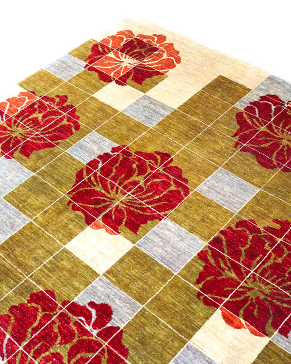 "Tappeto Moderno con design geometrico e fiori bordeaux, 295x206 cm, annodato a mano."