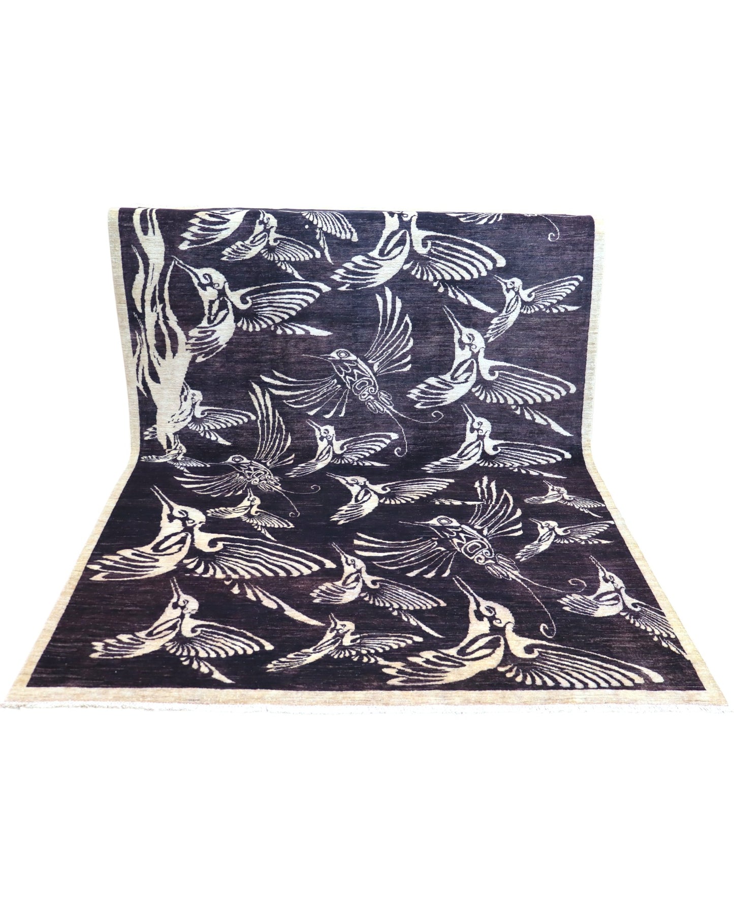 "Tappeto Moderno nero con uccelli stilizzati avorio, 281x200 cm."