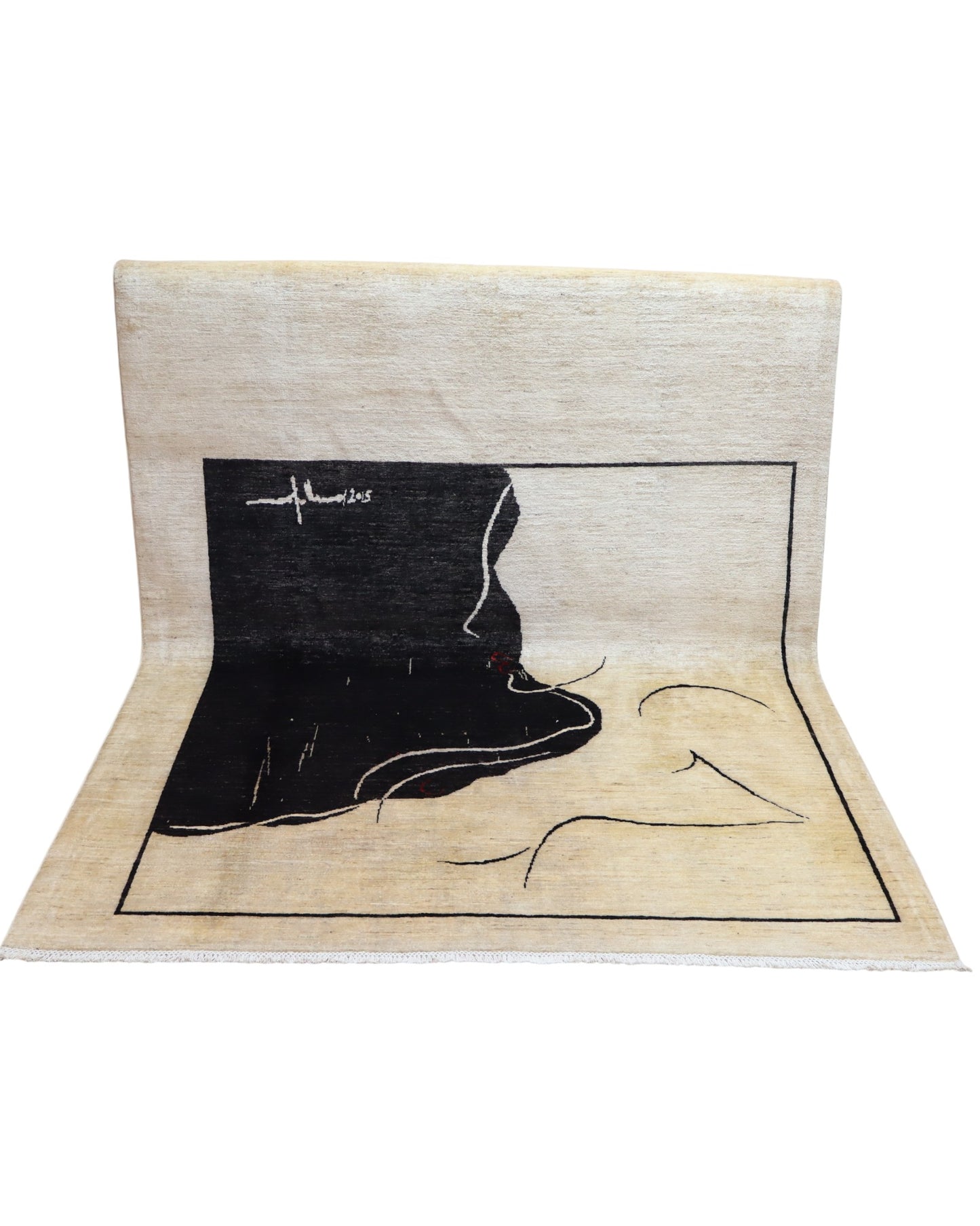 "Tappeto moderno beige con pannello nero e profilo artistico minimalista, annodato a mano, 246x180 cm."