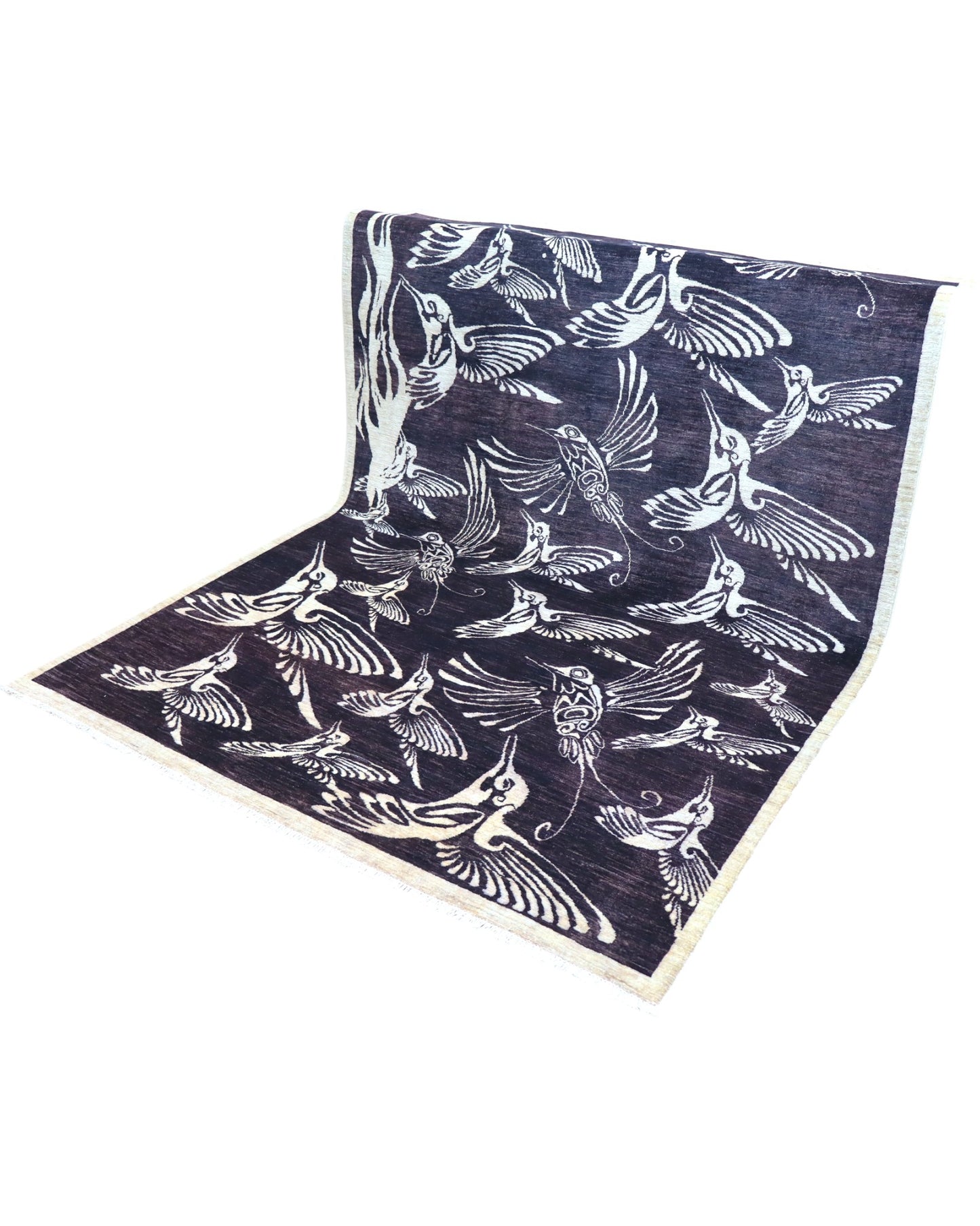 "Tappeto Moderno nero con uccelli stilizzati avorio, 281x200 cm."