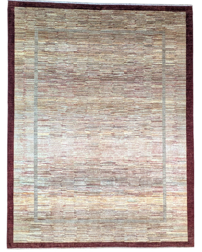 "Tappeto Moderno beige sfumato con cornice marrone, 360x270 cm, annodato a mano."