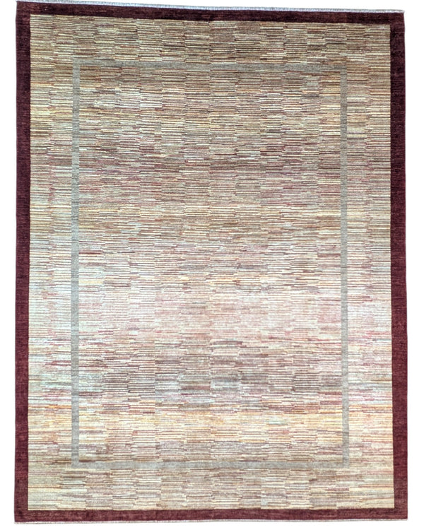 "Tappeto Moderno beige sfumato con cornice marrone, 360x270 cm, annodato a mano."
