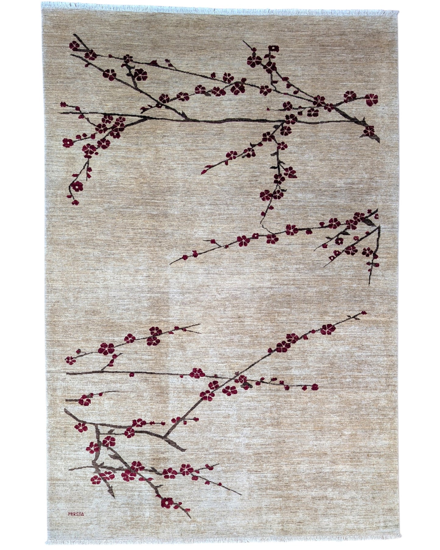 "Tappeto moderno beige con rami stilizzati e fiori rosso scuro, annodato a mano, 304x204 cm."