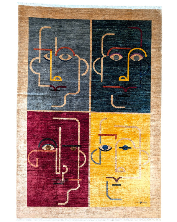 "Tappeto Moderno con quattro volti astratti su pannelli grigio, blu, bordeaux e giallo, 303x210 cm, annodato a mano."