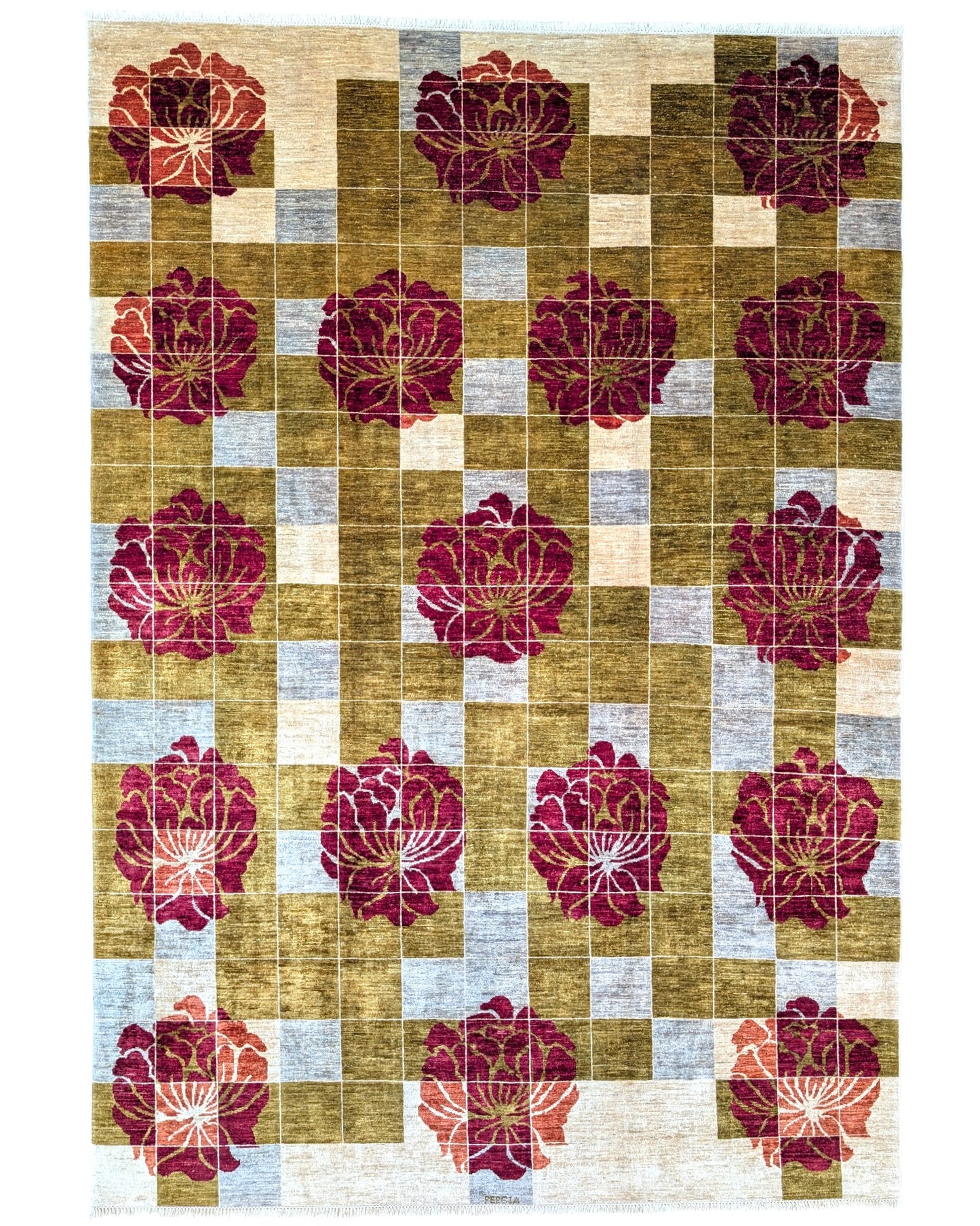 "Tappeto Moderno con design geometrico e fiori bordeaux, 295x206 cm, annodato a mano."