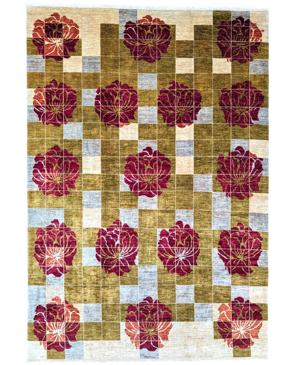 "Tappeto Moderno con design geometrico e fiori bordeaux, 295x206 cm, annodato a mano."