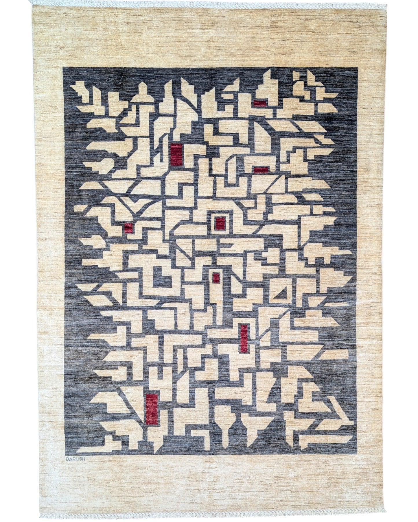 "Tappeto moderno beige con pannello geometrico grigio e accenti rossi, annodato a mano, 293x201 cm."