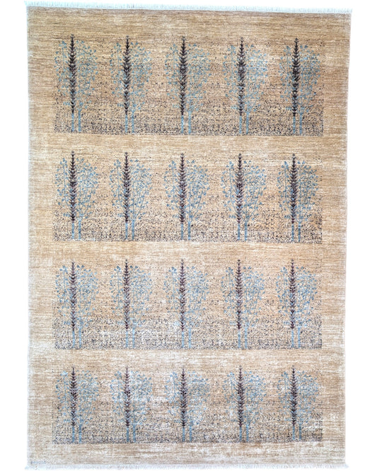 "Tappeto Moderno beige con alberi stilizzati in pattern ripetuto, 292x207 cm."