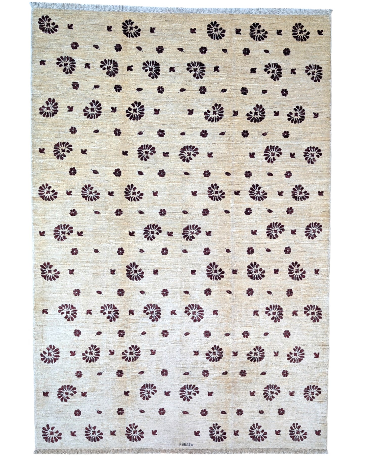 "Tappeto Moderno beige con piccoli motivi floreali marrone scuro, 286x195 cm."