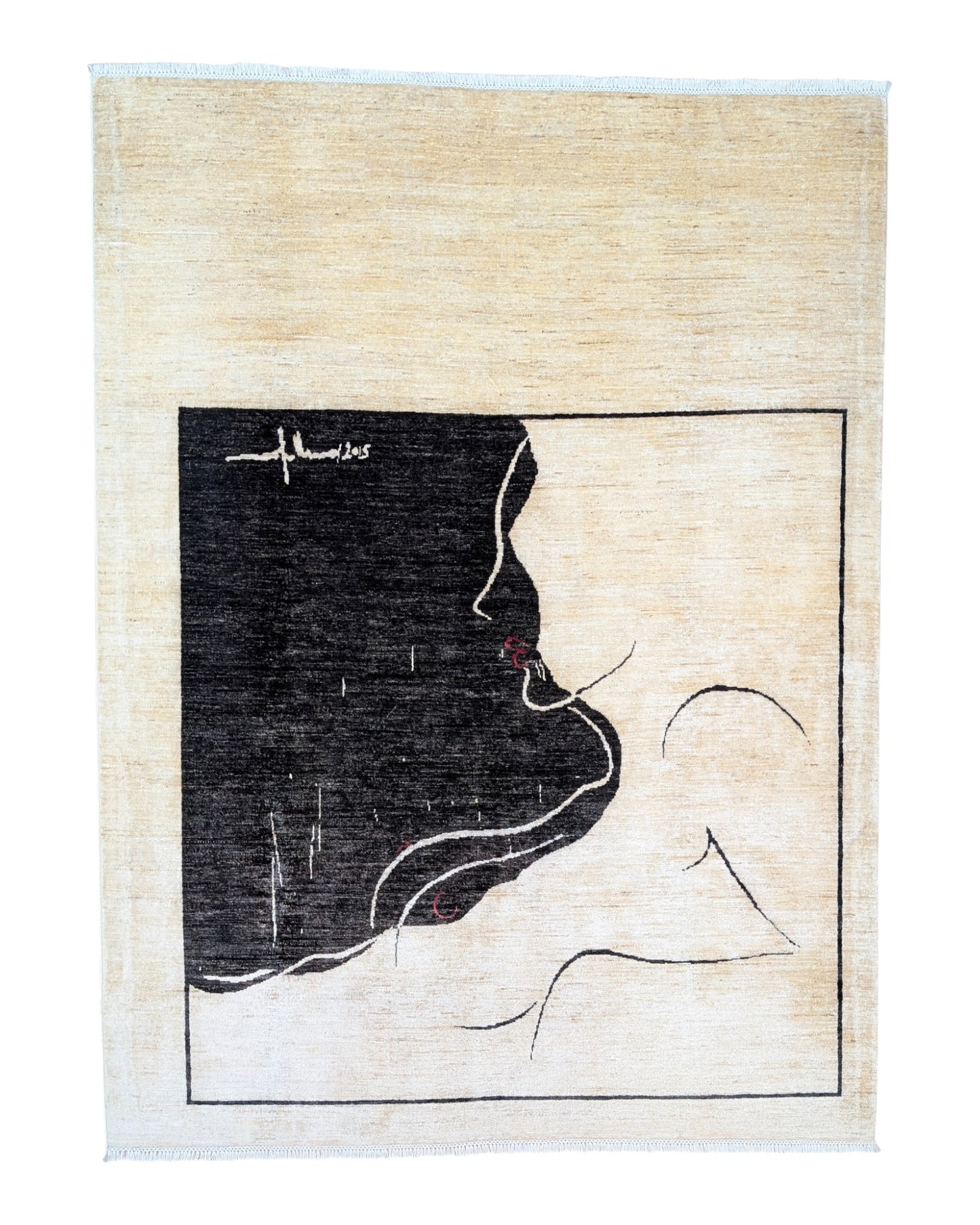 "Tappeto moderno beige con pannello nero e profilo artistico minimalista, annodato a mano, 246x180 cm."