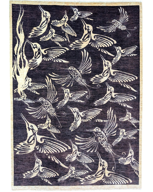 "Tappeto Moderno nero con uccelli stilizzati avorio, 281x200 cm."