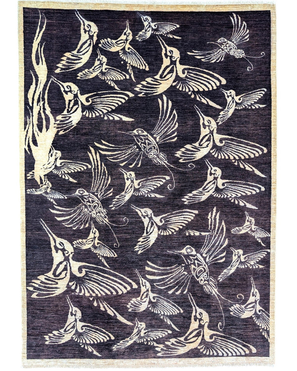 "Tappeto Moderno nero con uccelli stilizzati avorio, 281x200 cm."