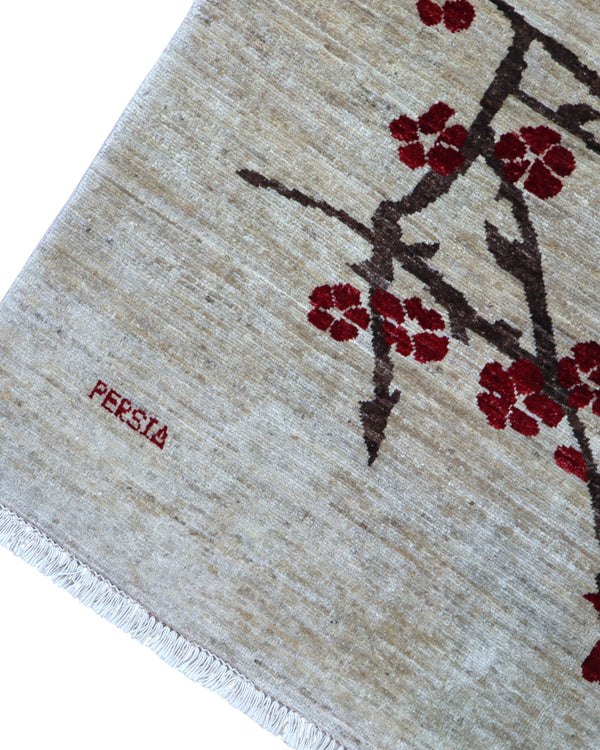 "Tappeto moderno beige con rami stilizzati e fiori rosso scuro, annodato a mano, 304x204 cm."