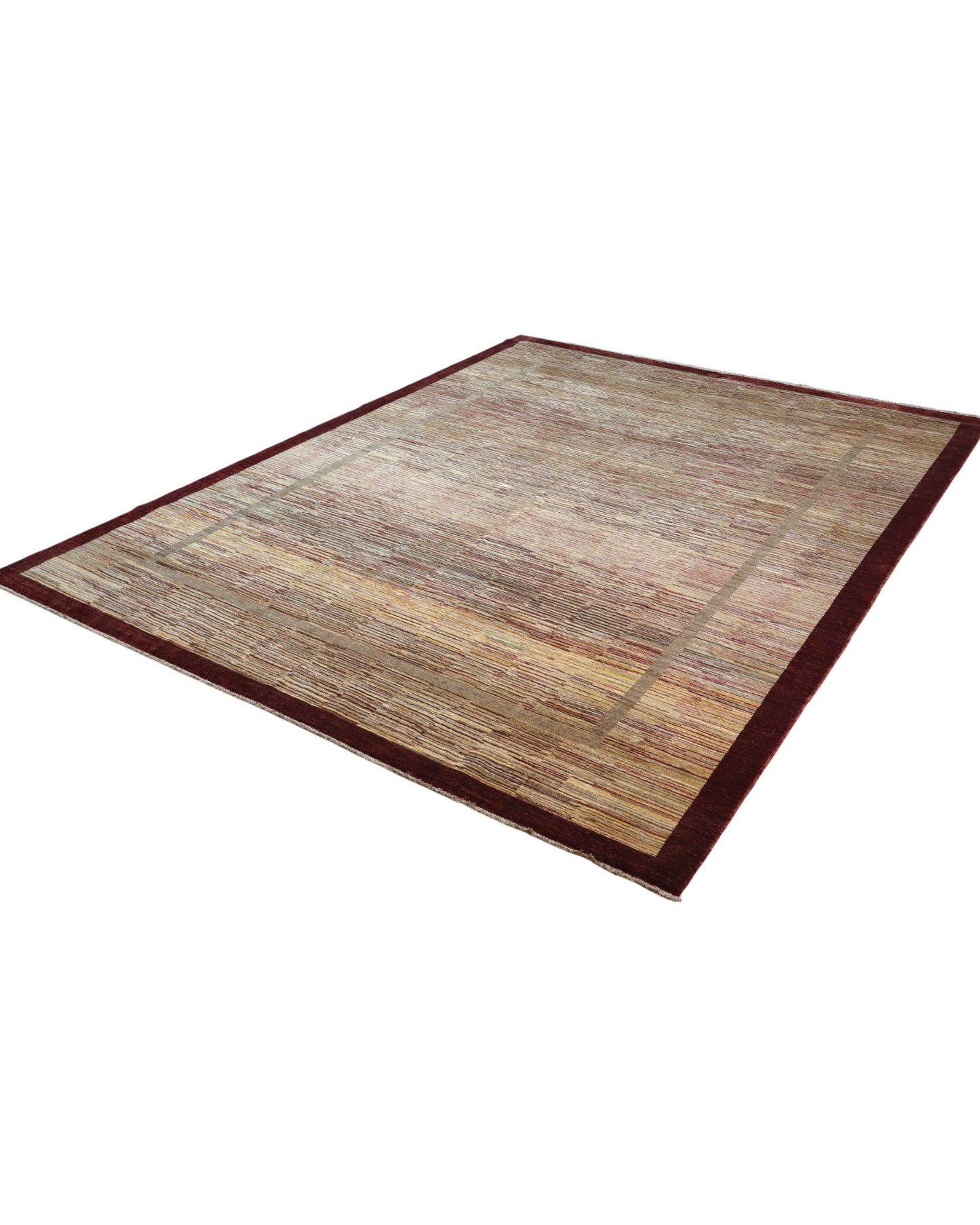 "Tappeto Moderno beige sfumato con cornice marrone, 360x270 cm, annodato a mano."