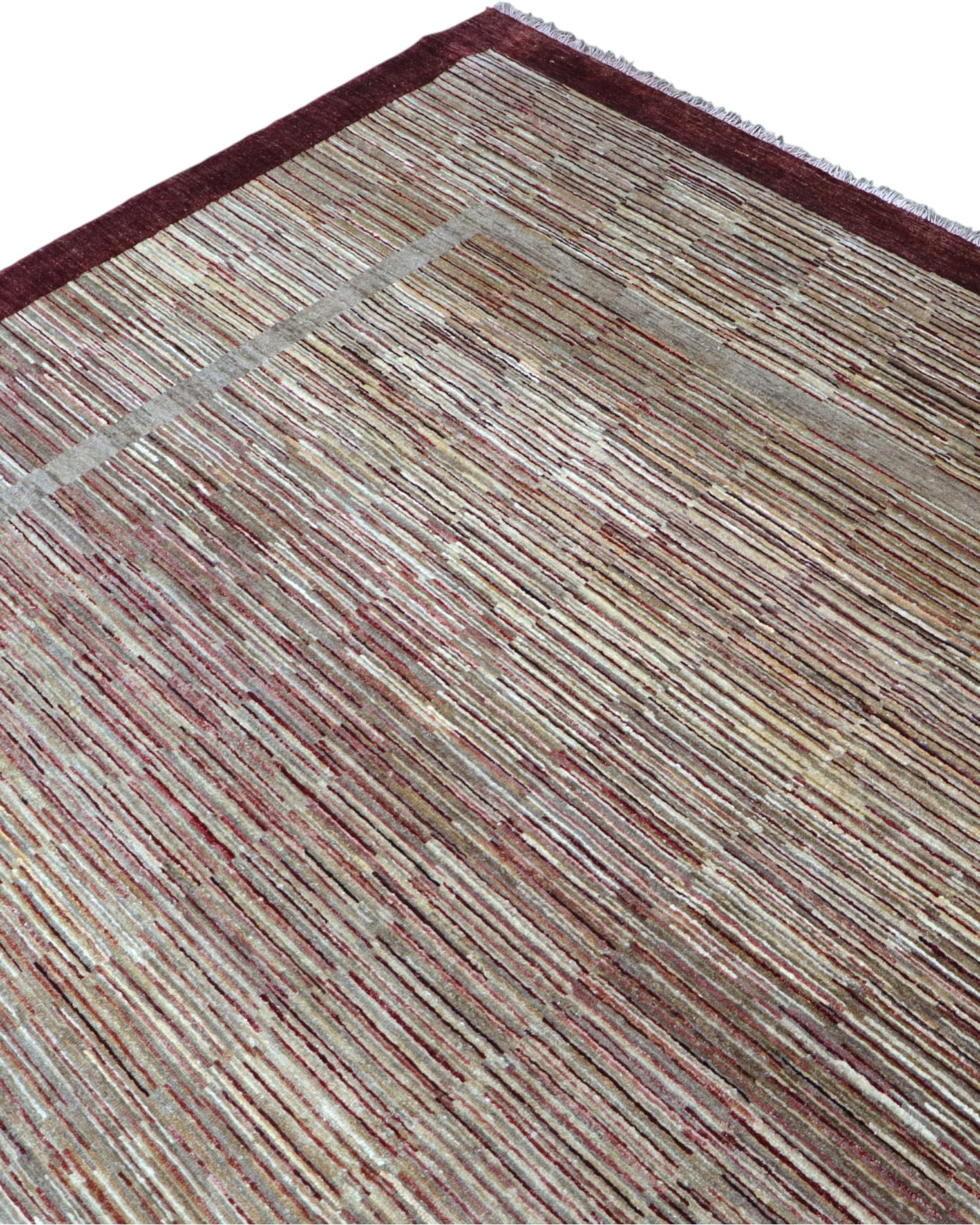 "Tappeto Moderno beige sfumato con cornice marrone, 360x270 cm, annodato a mano."