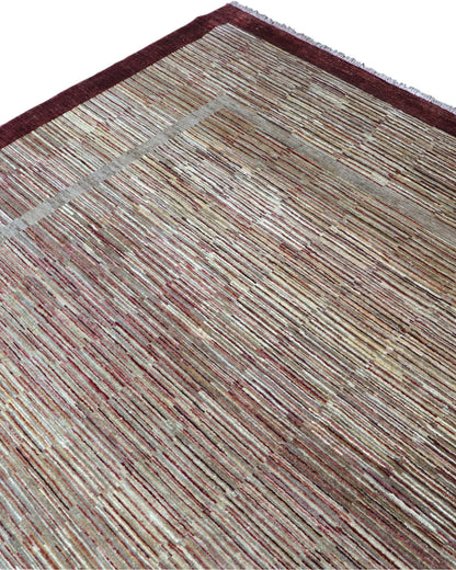 "Tappeto Moderno beige sfumato con cornice marrone, 360x270 cm, annodato a mano."