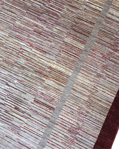 "Tappeto Moderno beige sfumato con cornice marrone, 360x270 cm, annodato a mano."