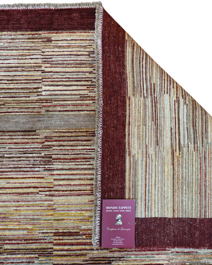 "Tappeto Moderno beige sfumato con cornice marrone, 360x270 cm, annodato a mano."