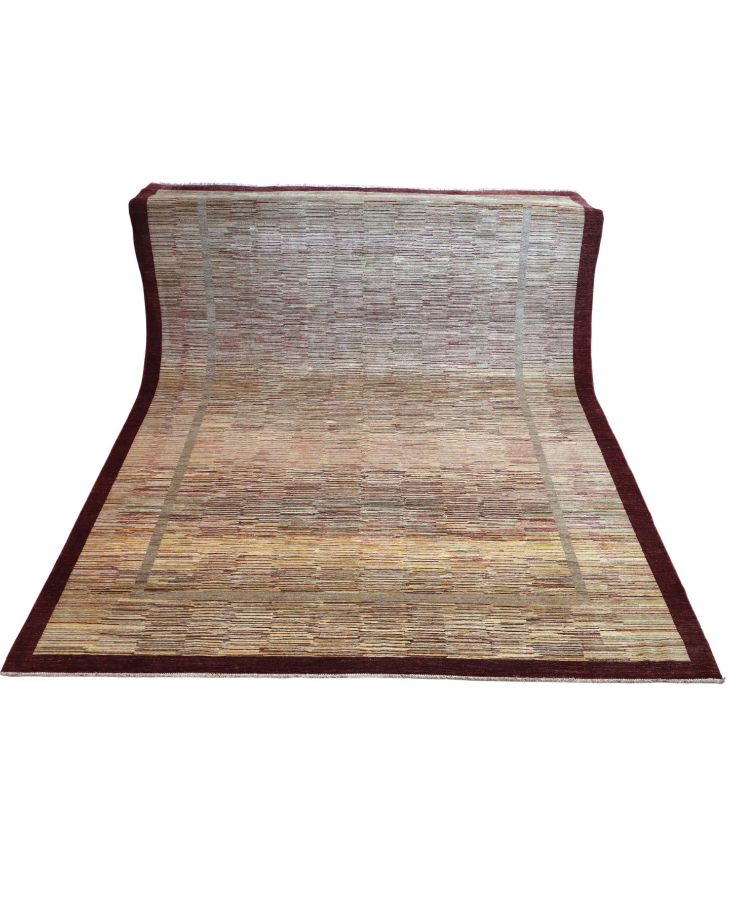 "Tappeto Moderno beige sfumato con cornice marrone, 360x270 cm, annodato a mano."