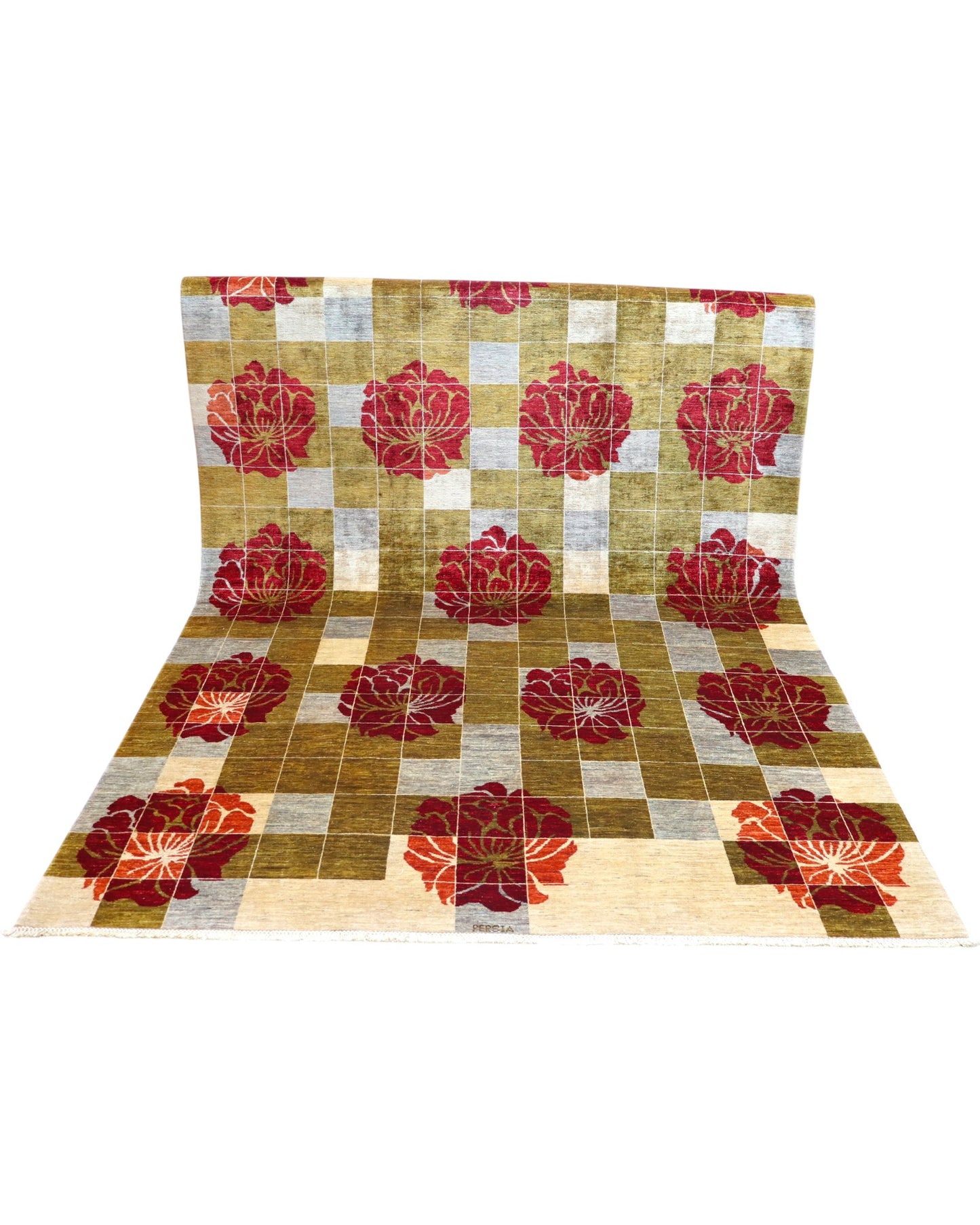 "Tappeto Moderno con design geometrico e fiori bordeaux, 295x206 cm, annodato a mano."