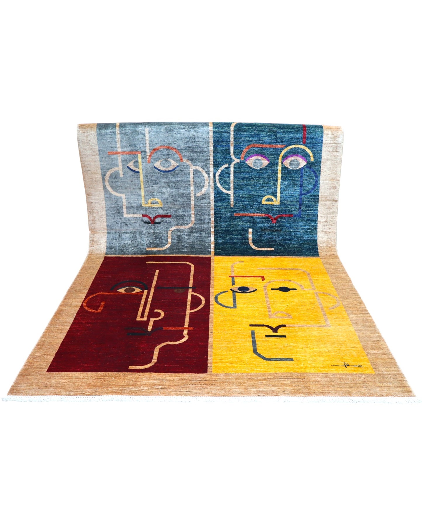 "Tappeto Moderno con quattro volti astratti su pannelli grigio, blu, bordeaux e giallo, 303x210 cm, annodato a mano."