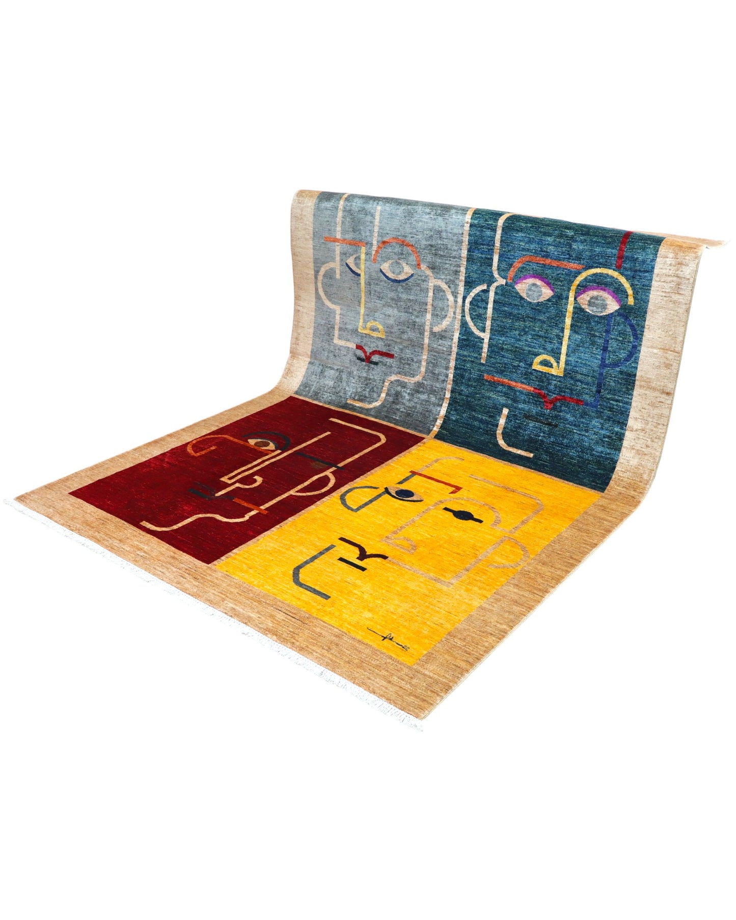 "Tappeto Moderno con quattro volti astratti su pannelli grigio, blu, bordeaux e giallo, 303x210 cm, annodato a mano."