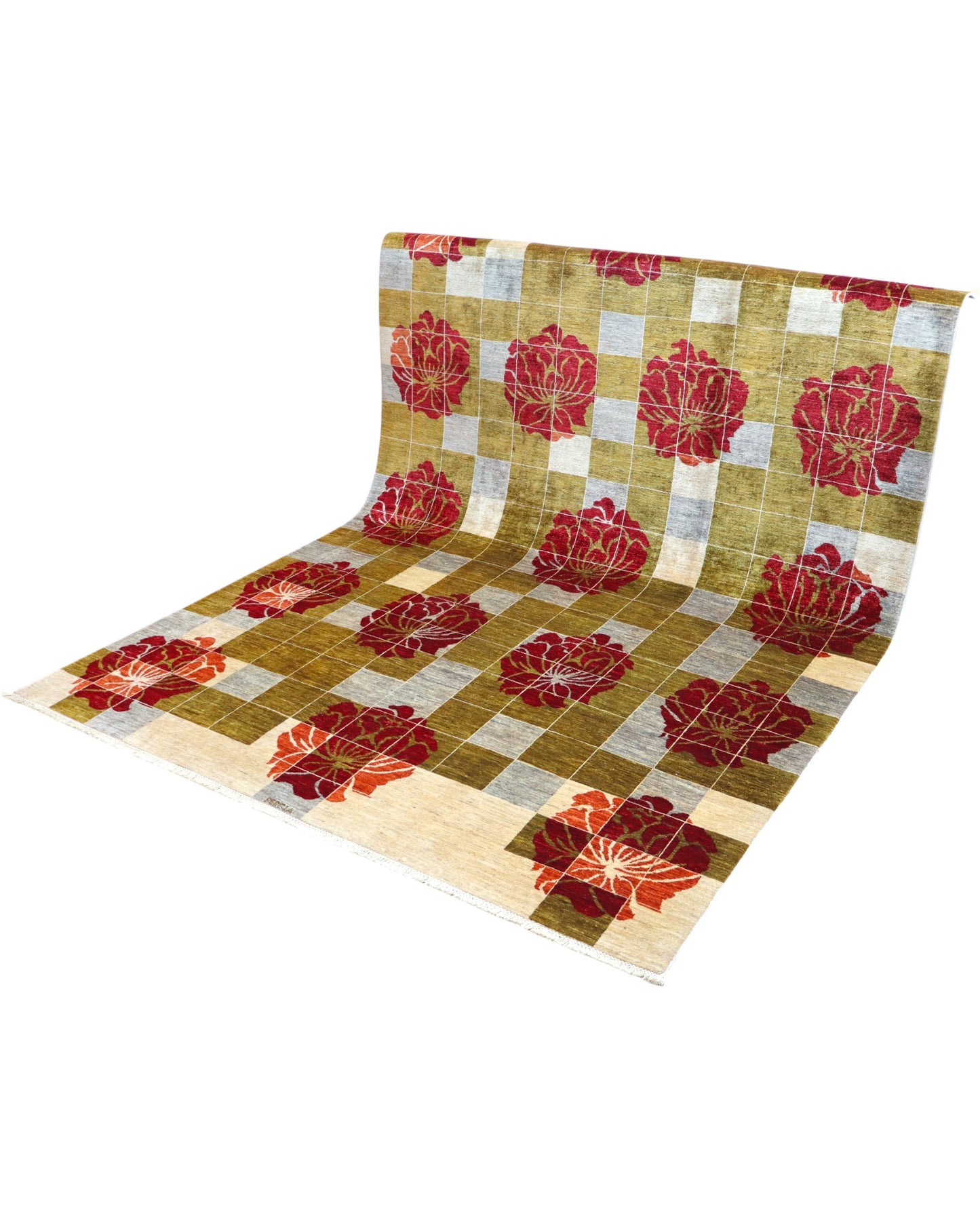 "Tappeto Moderno con design geometrico e fiori bordeaux, 295x206 cm, annodato a mano."