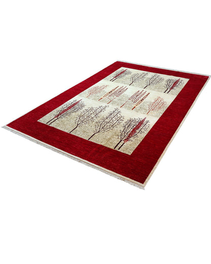 "Tappeto Moderno con alberi stilizzati e cornice rosso rubino, 295x196 cm, annodato a mano."