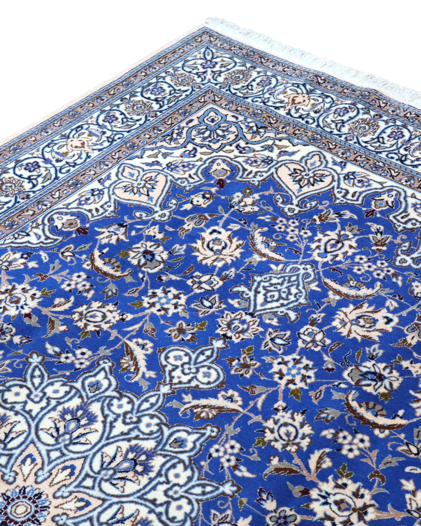 "Tappeto Nain persiano blu e avorio con medaglione centrale, 217x176 cm."