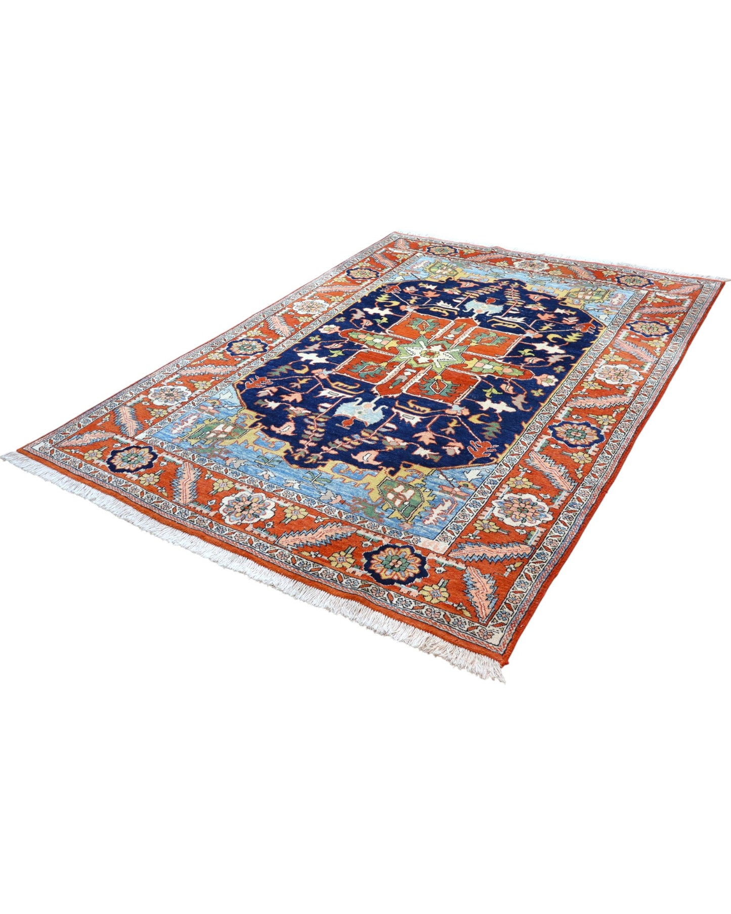 "Tappeto Heriz persiano blu e terracotta con medaglione geometrico, 290x205 cm."